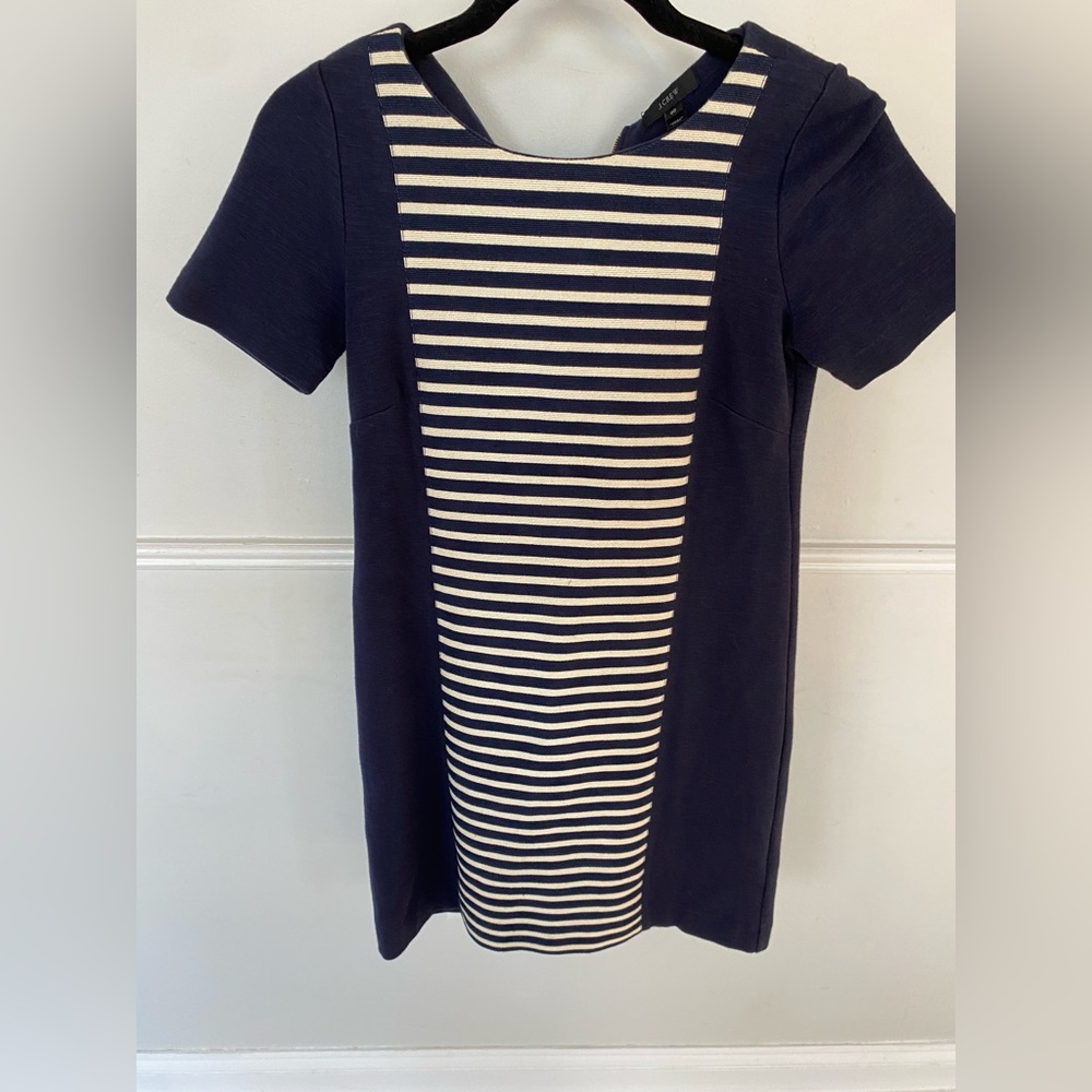 J Crew navy and white striped shift dress